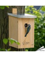 De Mezennestkast hangt aan een boom in de tuin, een veilige nestkast voor kleine vogels.