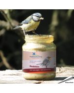 Vogelpindakaas met meelwormen van Vogelbescherming Nederland in glazen pot