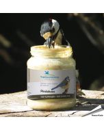 Vogelpindakaas met stukjes noot van Vogelbescherming Nederland in glazen pot