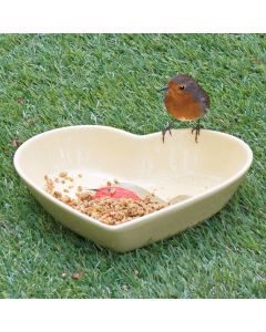 Keramische I Love Robins voederschaal van Jacobi Jayne. Ca. 21 x 17 x 5 cm, vorstbestendig, vaatwasmachinebestendig en ideaal voor meelwormen.