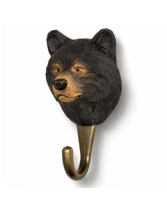 Decoratieve wandhaak met zwarte berenkop van Wildlife Garden, voorzien van opvallende bruine ogen, een lichte snuit en een bronskleurige J-haak.
