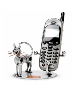 Metalen kat GSM-houder met grote ogen, puntoren en koperkleurige snorharen. 15 x 10 x 9 cm. Praktisch cadeau voor kattenliefhebber.
