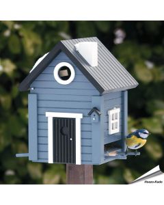 Multiholk Blatt Hus - voederhuis en nestkast in blauwe houtkleur, hier als voederhuis - Aniculis
