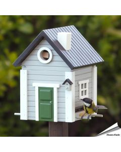Multiholk Gratt Hus - voederhuis en nestkast in grijze houtkleur, hier als voederhuis - Aniculis