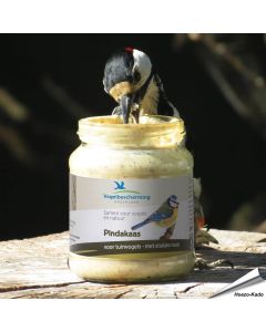 Vogelpindakaas met stukjes noot van Vogelbescherming Nederland in glazen pot