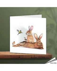 Wenskaart - Konijnen met leuke tuinvogeltjes - www.aniculis.nl