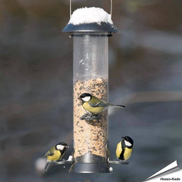 Metalen voedersilo voor vogels met zitringen - www.aniculis.nl