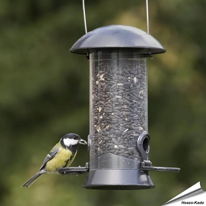 Metalen voedersilo voor vogels met zitringen - www.aniculis.nl