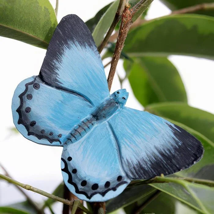 Blauwe houten Boomblauwtje vlinder van Wildlife Garden tussen takken en bladeren, met donkere vleugelpunten en een rij zwarte stippen op de lichtblauwe achtervleugels.