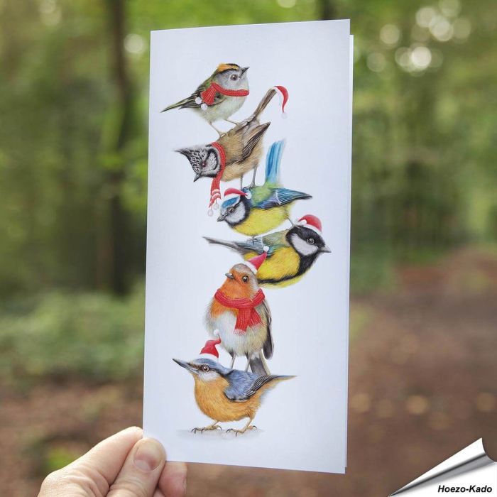 Vrolijke kerstkaart met kleurrijke, bekende tuinvogels ✔️ Gedrukt op FSC-gecertificeerd papier ✔️ Inclusief kraft envelop ➤ Bestel nu bij Hoezo-Kado