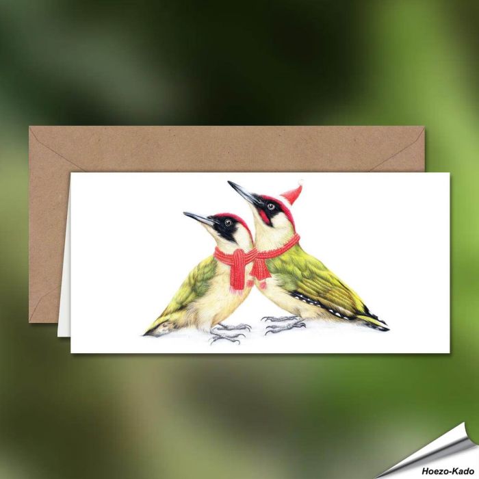 Kerstkaart met de familie groene specht - Perfect om een vleugje natuur in je kerstwensen te brengen! - www.aniculis.nl