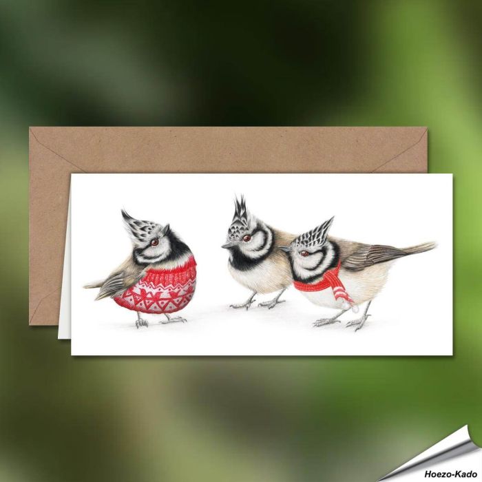 Kerstkaart met de familie kuifmees - Perfect om een vleugje natuur in je kerstwensen te brengen! - www.aniculis.nl