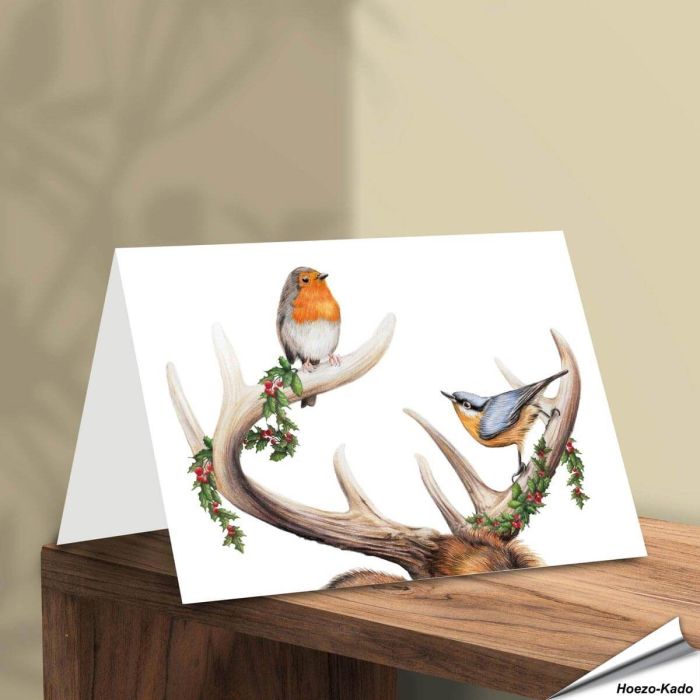 Kerstkaart met een leuke Roodborst, Boomklever en gewei - www.aniculis.nl