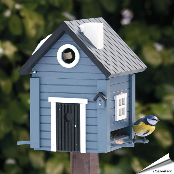 Multiholk Blatt Hus - voederhuis en nestkast in blauwe houtkleur, hier als voederhuis - Aniculis