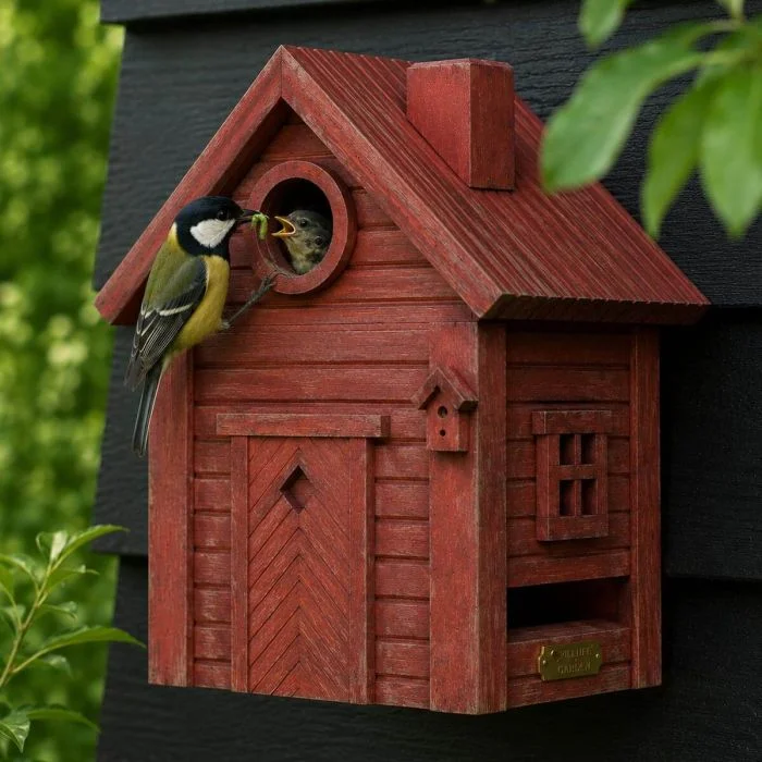 Koolmees voert een jong bij de ronde invliegopening van de Multiholk Red Earth van Wildlife Garden, een rood houten nestkastje tegen een donkere houten wand.