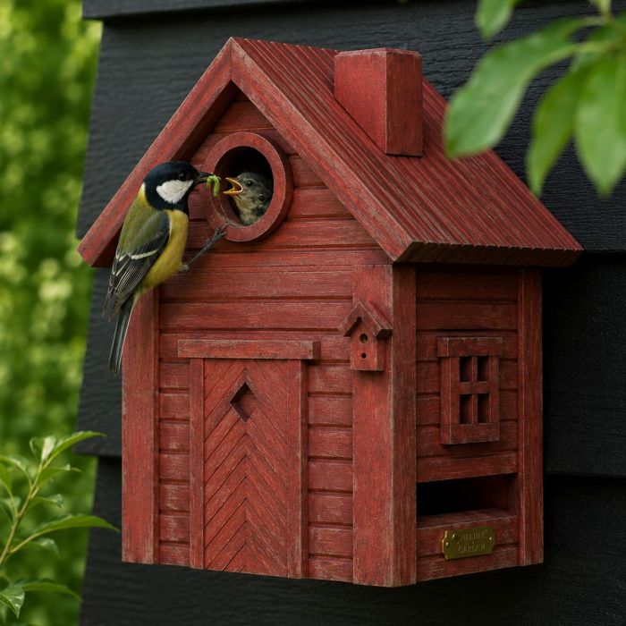 Multiholk Red Earth van Wildlife Garden ✔️ Nestkast en voederhuis in 1 ✔️ Voor kleine tuinvogels ✔️ Geïnspireerd op Scandinavische architectuur ➤ Hoezo-Kado