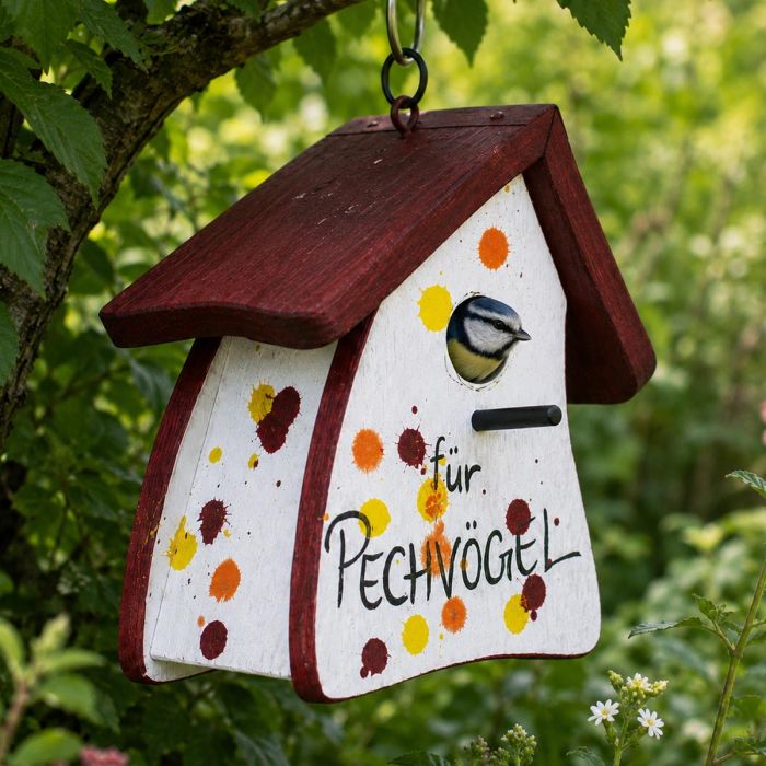 Handbeschilderde houten nestkast Hobbit für Pechvögel met kleurrijk spetterdesign, zitstokje en ronde invliegopening. Origineel cadeau voor tuinliefhebbers.