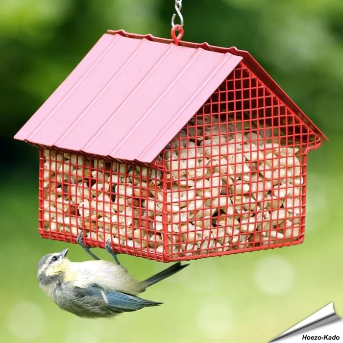 Rood Pinda Voederhuisje van Wildlife Garden voor pinda's en suet pellets. Inhoud ca. 1,2 liter en fijn metalen gaas. Ca. 12,5 x 15,4 x 13,7 cm.