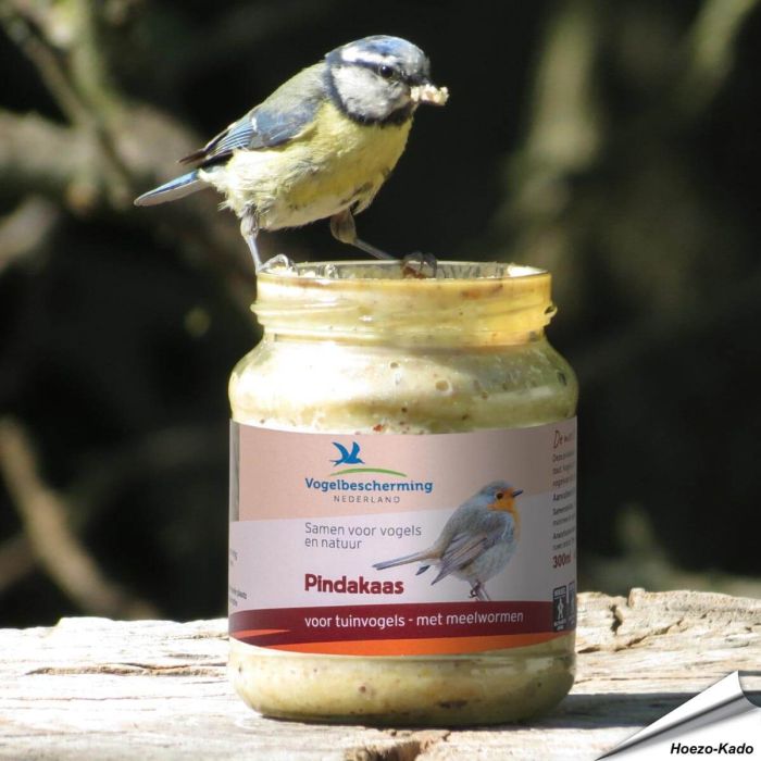 Vogelpindakaas met meelwormen van Vogelbescherming Nederland in glazen pot