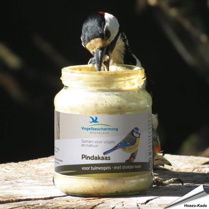 Vogelpindakaas met stukjes noot van Vogelbescherming Nederland in glazen pot