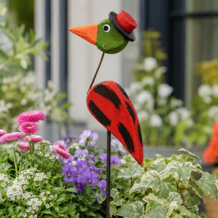 Sepp Mini is een kleurrijke decoratieve tuinvogel van hout en metaal, ca. 20 cm hoog. Grappige Funnybird voor tuin, bloempot, terras of balkon.