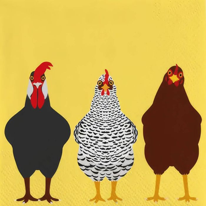 Set van 20 stevige 3-laagse papieren servetten met kippenprint. Biologisch afbreekbaar, bedrukt met inkt op waterbasis en 33 × 33 cm.