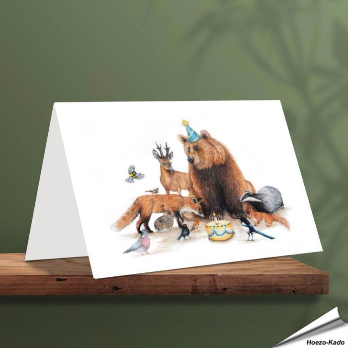 Verjaardagskaart met een leuke beer en zijn dierenvriendjes - www.aniculis.nl