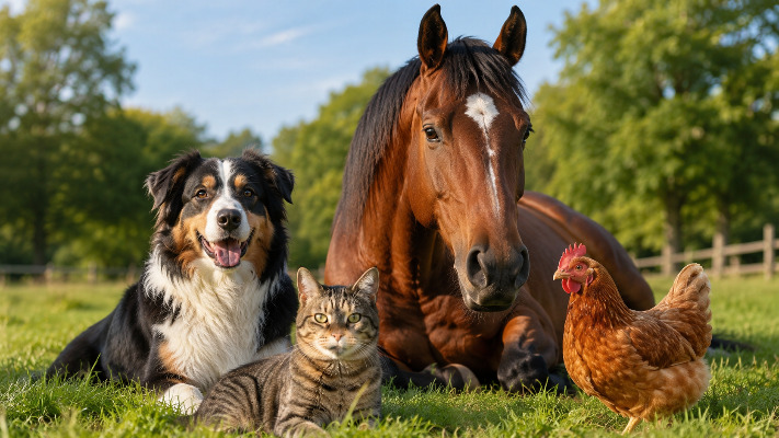 Hond, kat, paard en kip samen in een groene wei